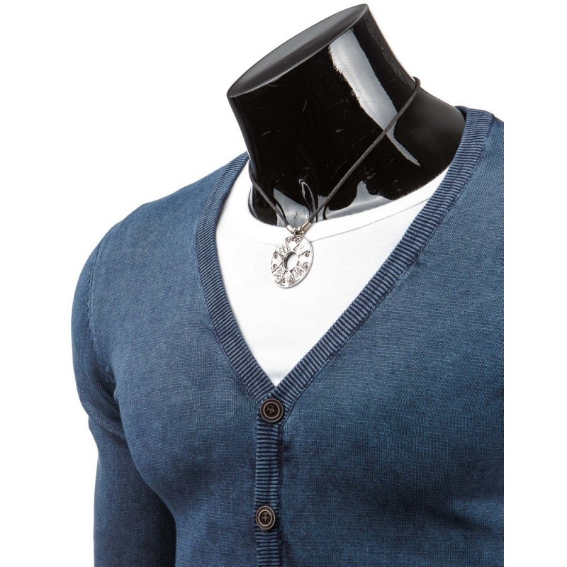 Modrý pánský svetr na zapínání s výstřihem V