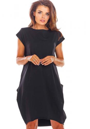 Volné dámské šaty černé barvy s velkými kapsami