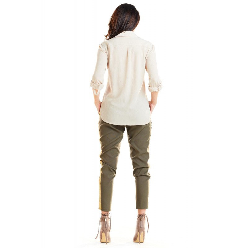 Módní dámské kalhoty khaki barvy s kontrastním pásem