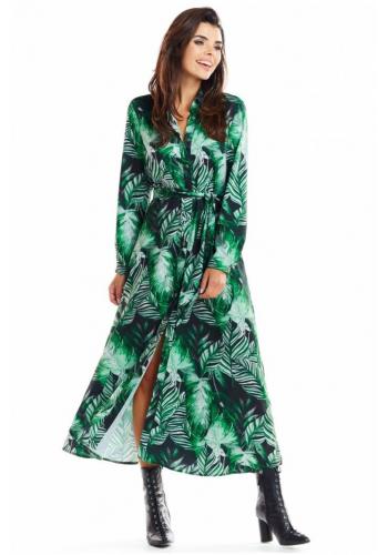Maxi dámské šaty zelené barvy s motivem listů