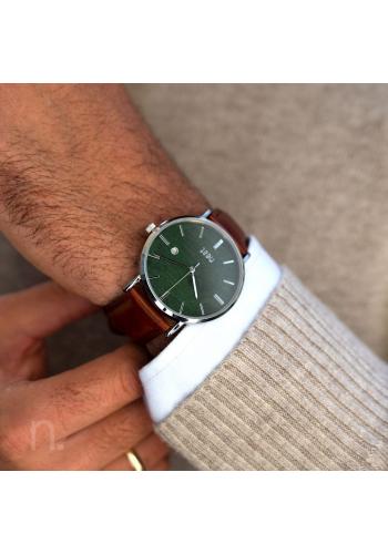 Hnědo-zelené stylové hodinky s koženým řemínkem pro pány