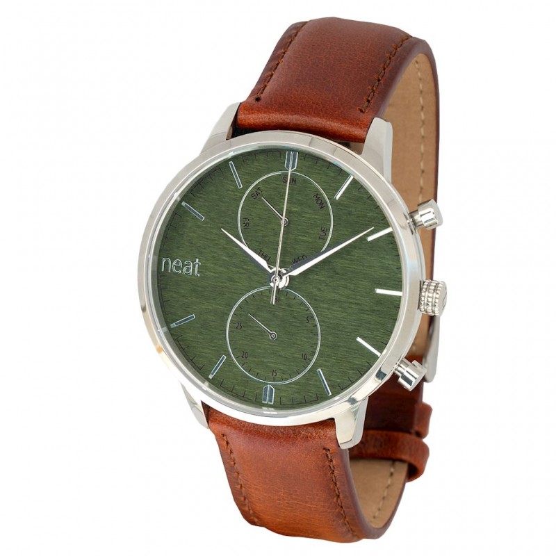 Pánské stylové hodinky s koženým páskem v hnědo-zelené barvě