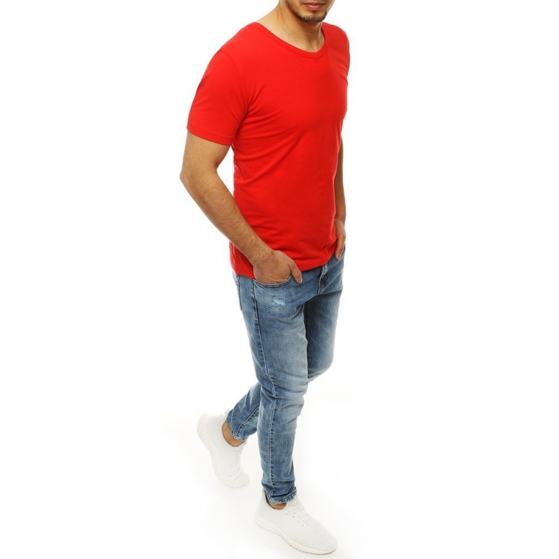 Červené hladké tričko s výstřihem ve tvaru V pro pány