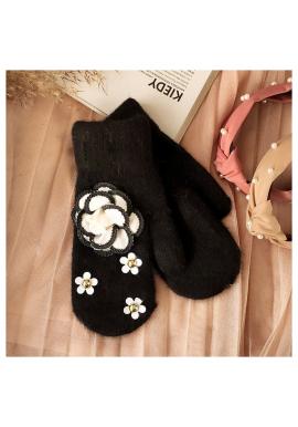 Zimní dámské rukavice černé barvy s květinami