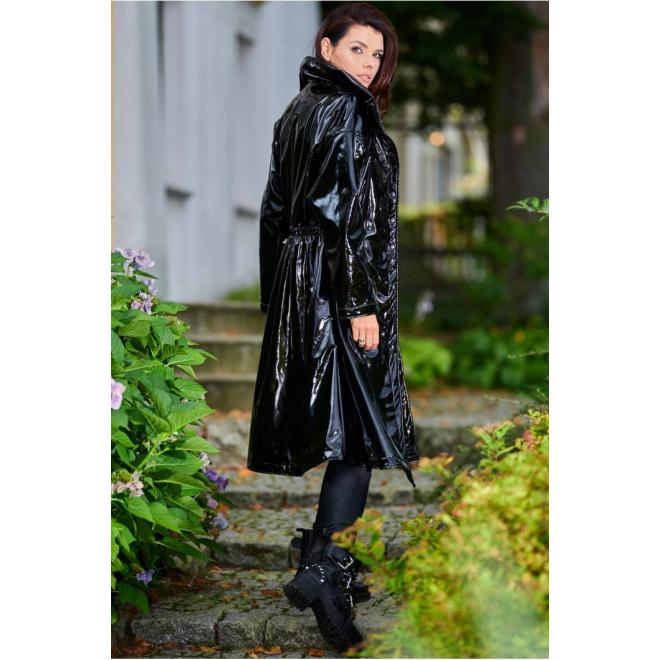 Černá dlouhá vinylová bunda s vysokým límcem pro dámy