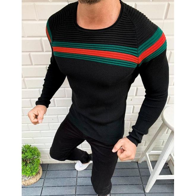 Pánský módní svetr s kontrastními pruhy v černé barvě