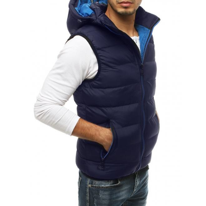 Pánská prošívaná vesta s kapucí v tmavě modré barvě