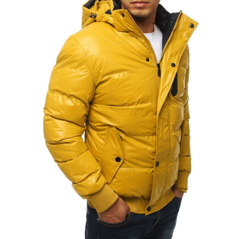 Pánská prošívaná bunda s kapucí ve žluté barvě