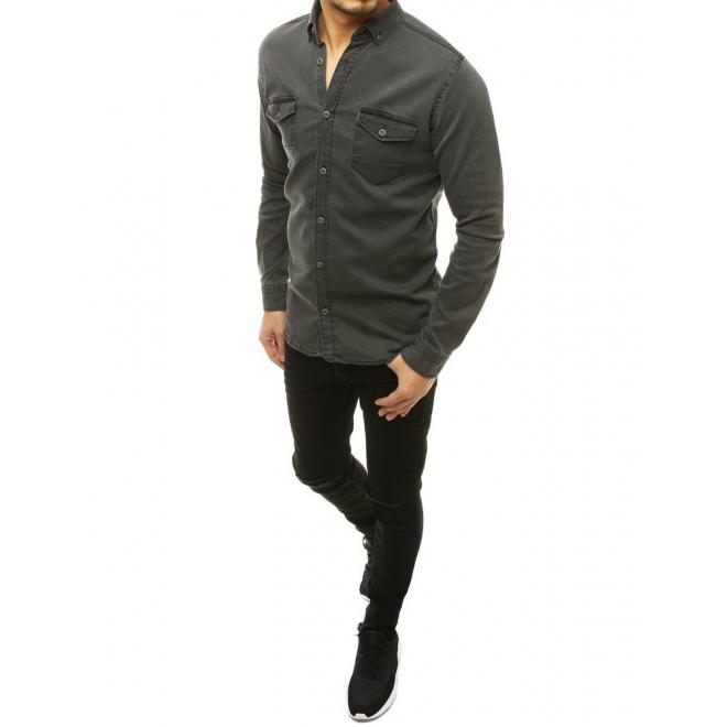 Pánská riflová košile s dlouhým rukávem v tmavě šedé barvě