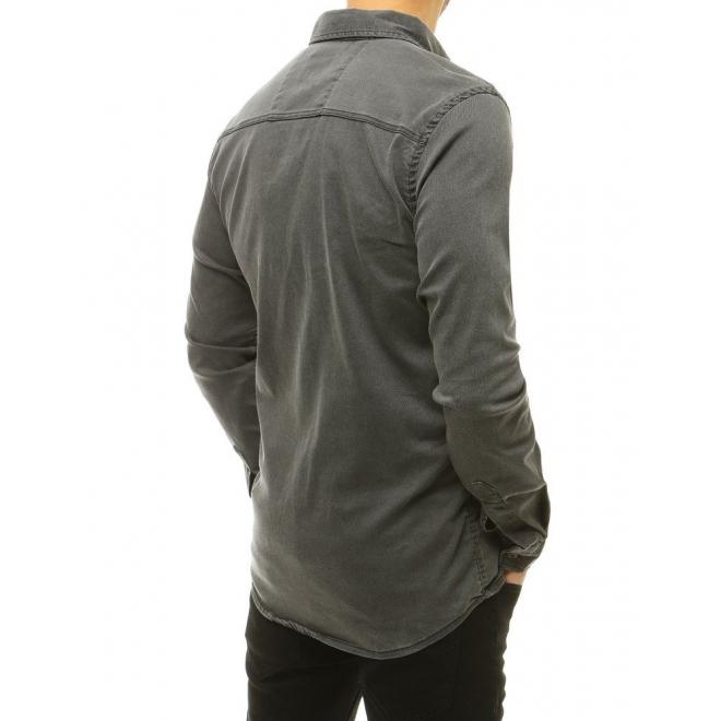 Pánská riflová košile s dlouhým rukávem v tmavě šedé barvě