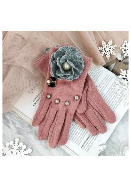Růžové zimní rukavice s kočkou a květem pro dámy