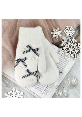 Zimní dámské rukavice krémové barvy s mašlemi