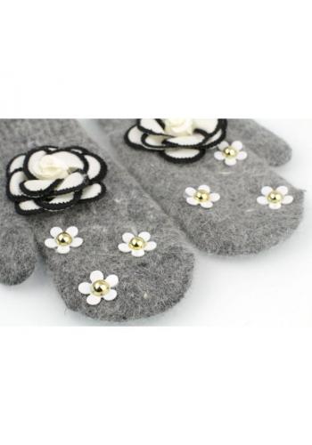 Tmavě šedé zimní rukavice s květinami pro dámy