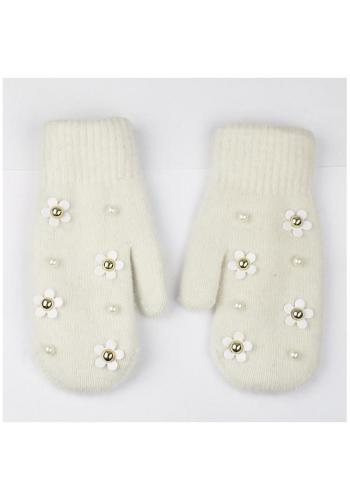Béžové zimní rukavice s květinami a perlami pro dámy