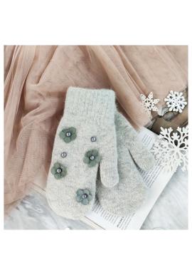 Dámské zimní rukavice s květinami a perlami v šedé barvě