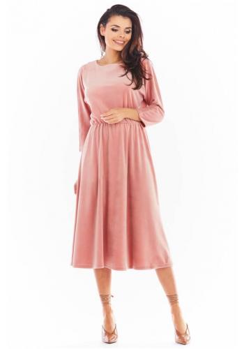 Dámské velurové midi šaty s 3/4 rukávem v růžové barvě