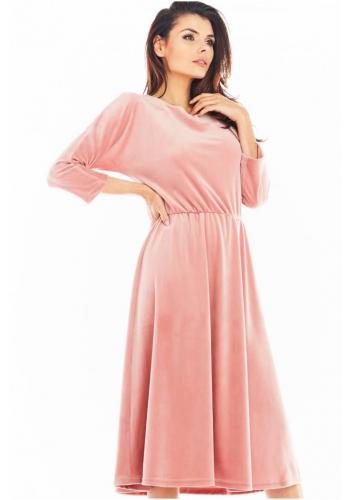 Dámské velurové midi šaty s 3/4 rukávem v růžové barvě