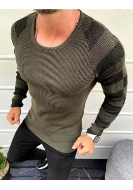 Pánský módní svetr s kontrastními vložkami v kaki barvě
