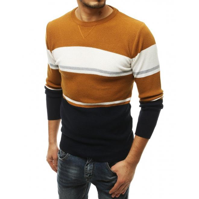 Pánský stylový svetr s kontrastními pruhy v hnědé barvě