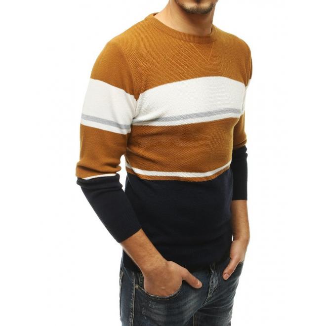Pánský stylový svetr s kontrastními pruhy v hnědé barvě