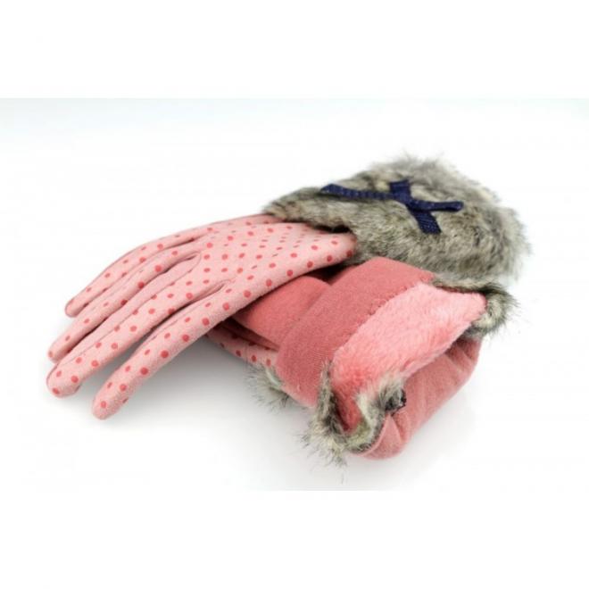 Vzorované dámské rukavice růžové barvy s kožešinou
