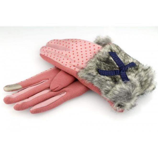 Vzorované dámské rukavice růžové barvy s kožešinou