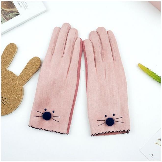 Růžové zimní rukavice s tváří kočky pro dámy