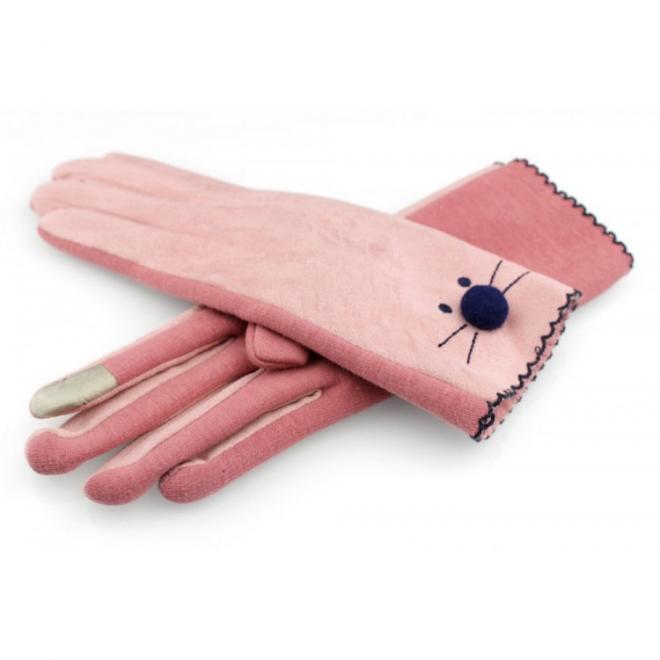 Růžové zimní rukavice s tváří kočky pro dámy