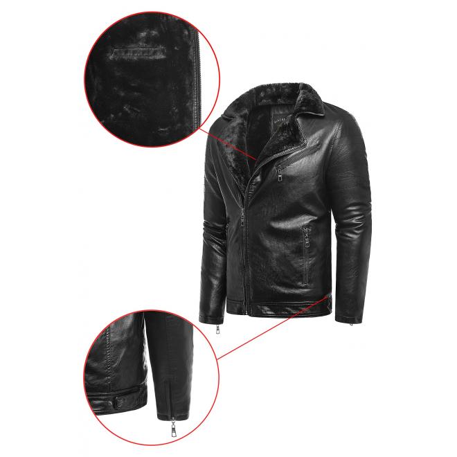 Pánská oteplená kožená bunda na zimu v černé barvě