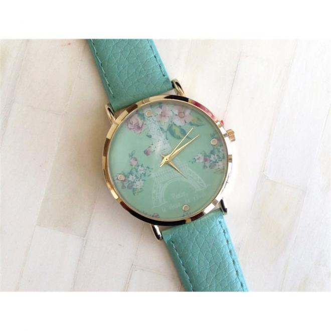 Retro dámské hodinky mátové barvy s koženým páskem