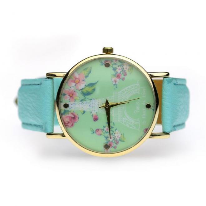 Retro dámské hodinky mátové barvy s koženým páskem