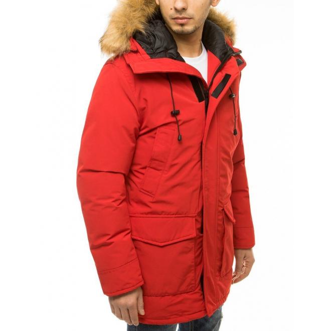 Zimní pánská bunda červené barvy s kapucí