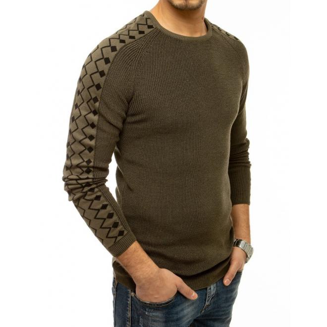 Kaki módní svetr se vzorovanými rukávy pro pány