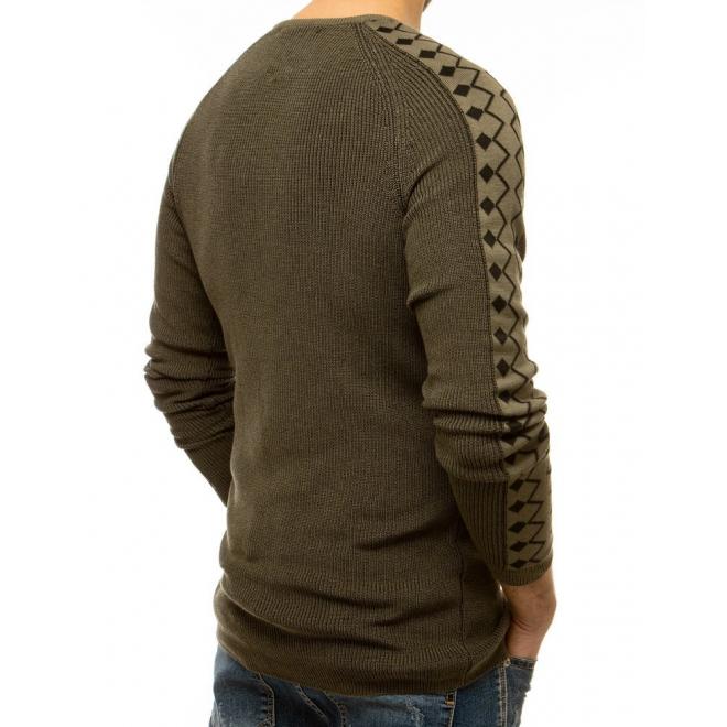 Kaki módní svetr se vzorovanými rukávy pro pány