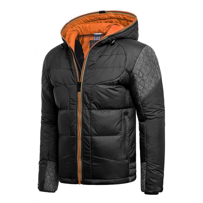 Pánská zimní bunda s kapucí v černo-oranžové barvě
