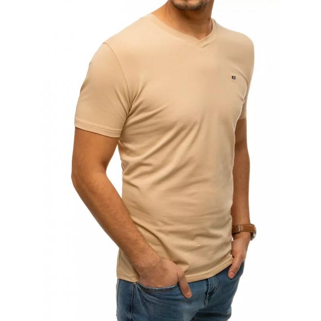 Béžové bavlněné tričko s véčkovým výstřihem pro pány