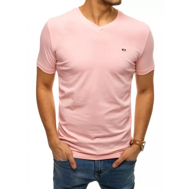 Pánské bavlněné tričko s véčkovým výstřihem v růžové barvě