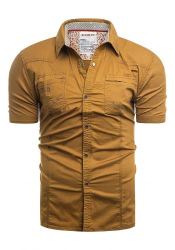 Pánská slim fit košile s krátkým rukávem v hnědé barvě