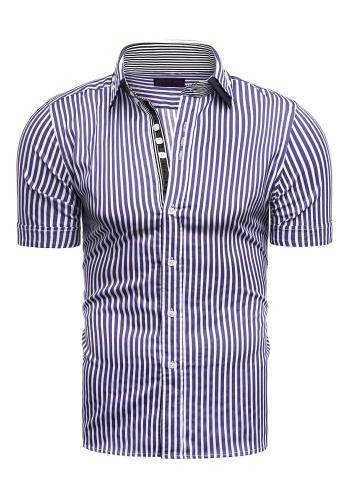 Pásikavá pánská košile fialovo-bílé barvy s krátkým rukávem v akci