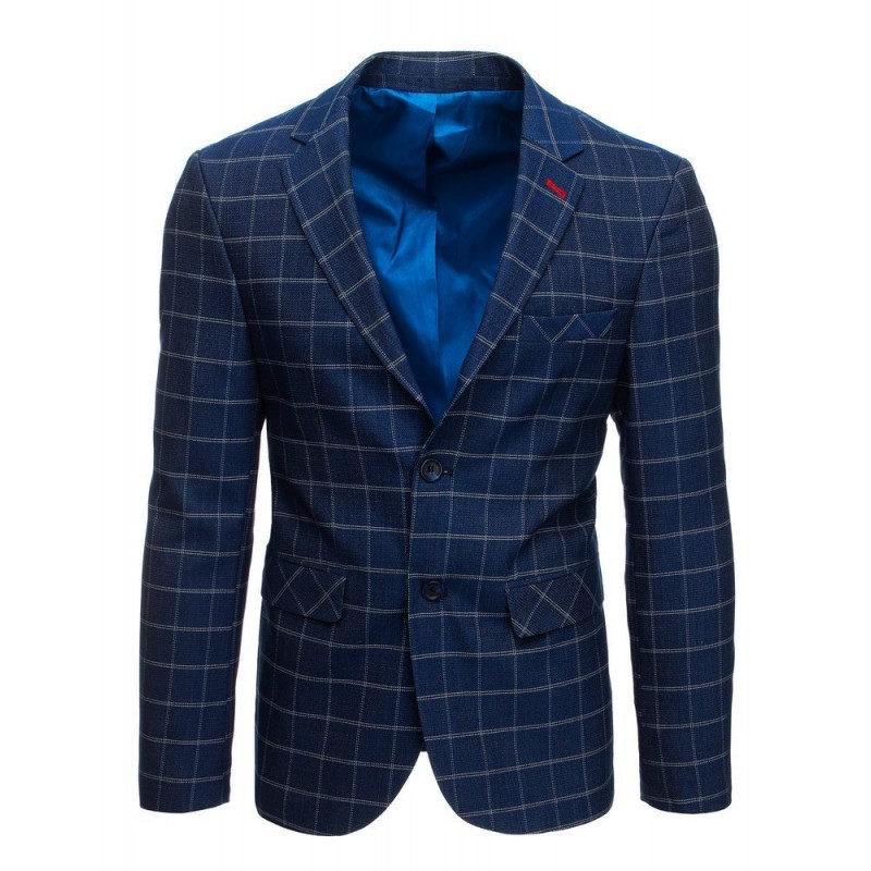 Pánské jednořadé sako s kostkovaným vzorem v tmavě modré barvě