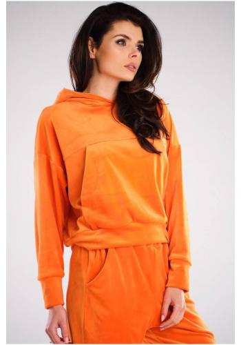 Velurová dámská mikina oranžové barvy s kapucí