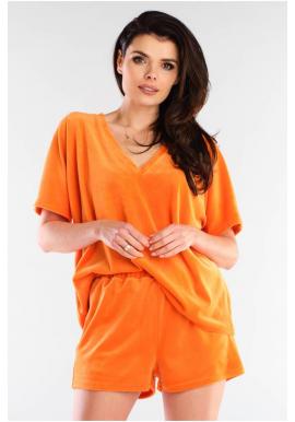 Velurové dámské šortky oranžové barvy s volným střihem