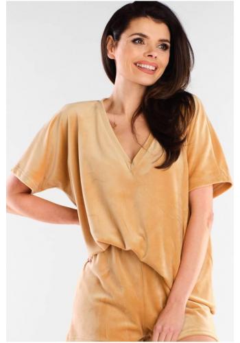 Velurové dámská trička béžové barvy s véčkovým výstřihem