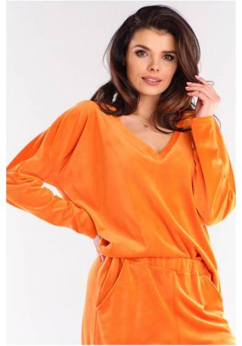 Volné dámská trička oranžové barvy s véčkovým výstřihem