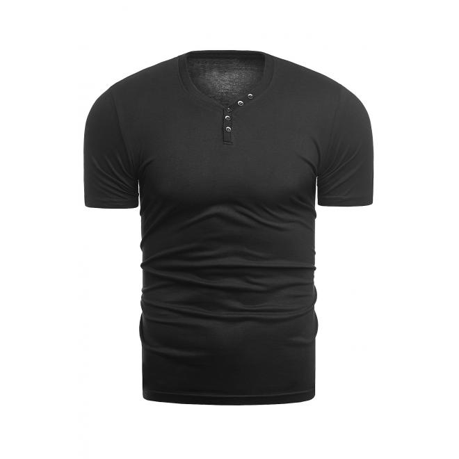 Bavlněné pánské tričko černé barvy s ozdobnými knoflíky