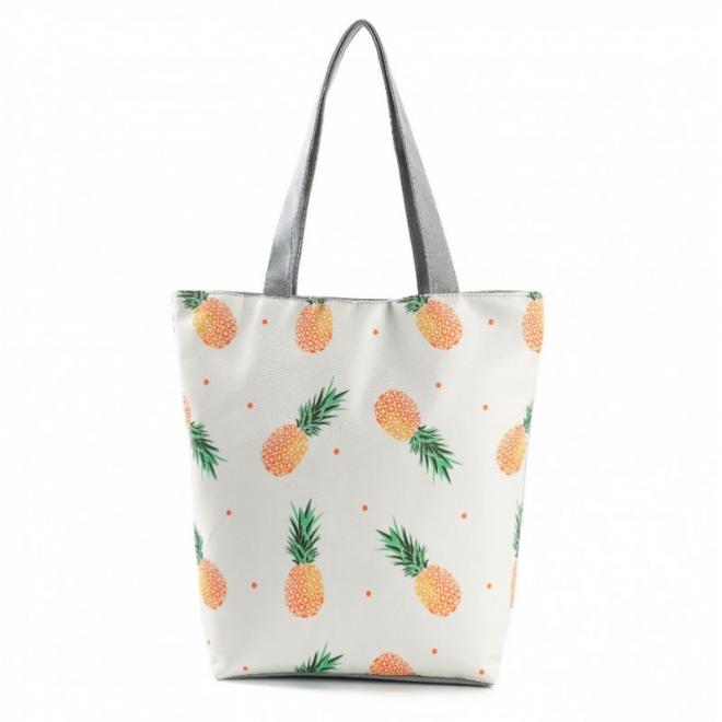 Bílo-šedá plážová taška s potiskem ananasů pro dámy