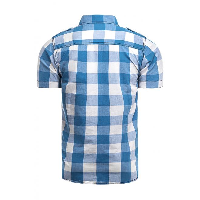 Pánská kostkovaná košile s krátkým rukávem v světle modré barvě