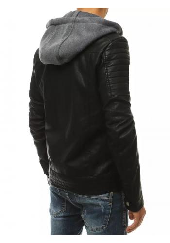 Oteplená pánská kožená bunda černé barvy s odepínací kapucí