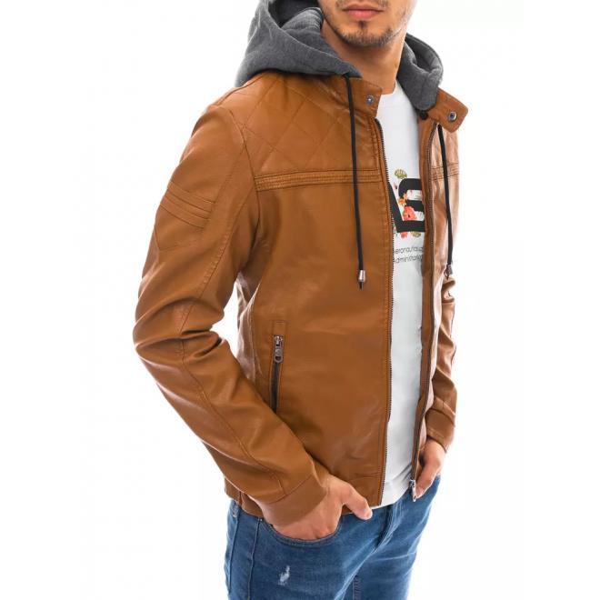 Pánská kožená bunda s teplákovou kapucí v khaki barvě