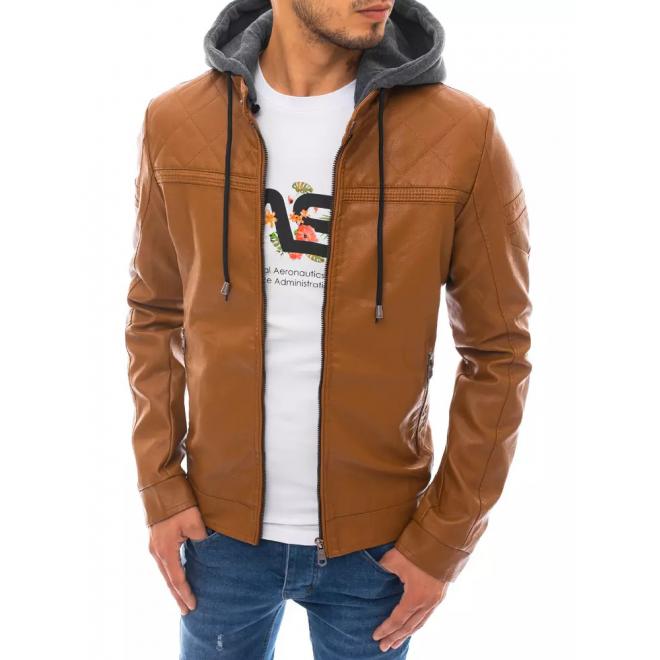 Pánská kožená bunda s teplákovou kapucí v khaki barvě